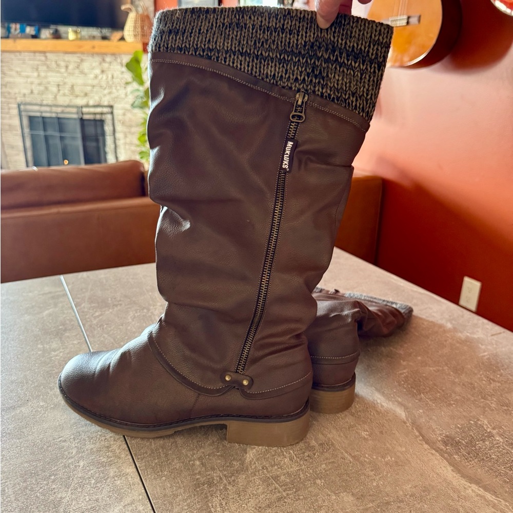 Muk Luks Brown Heeled Boots with Knit Cuff